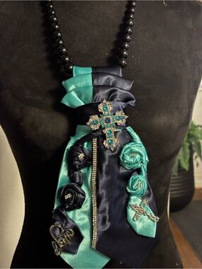 Teal and Navy Satin Cross Pendant Necklace - Women's Fashion Jewelry